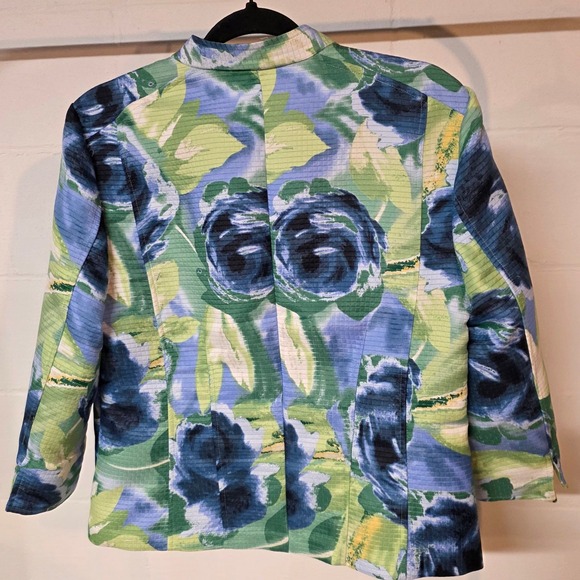 Christopher & Banks Women L Blue Green Floral Waffle Blazer Button Spring Jacket - Picture 10 of 11